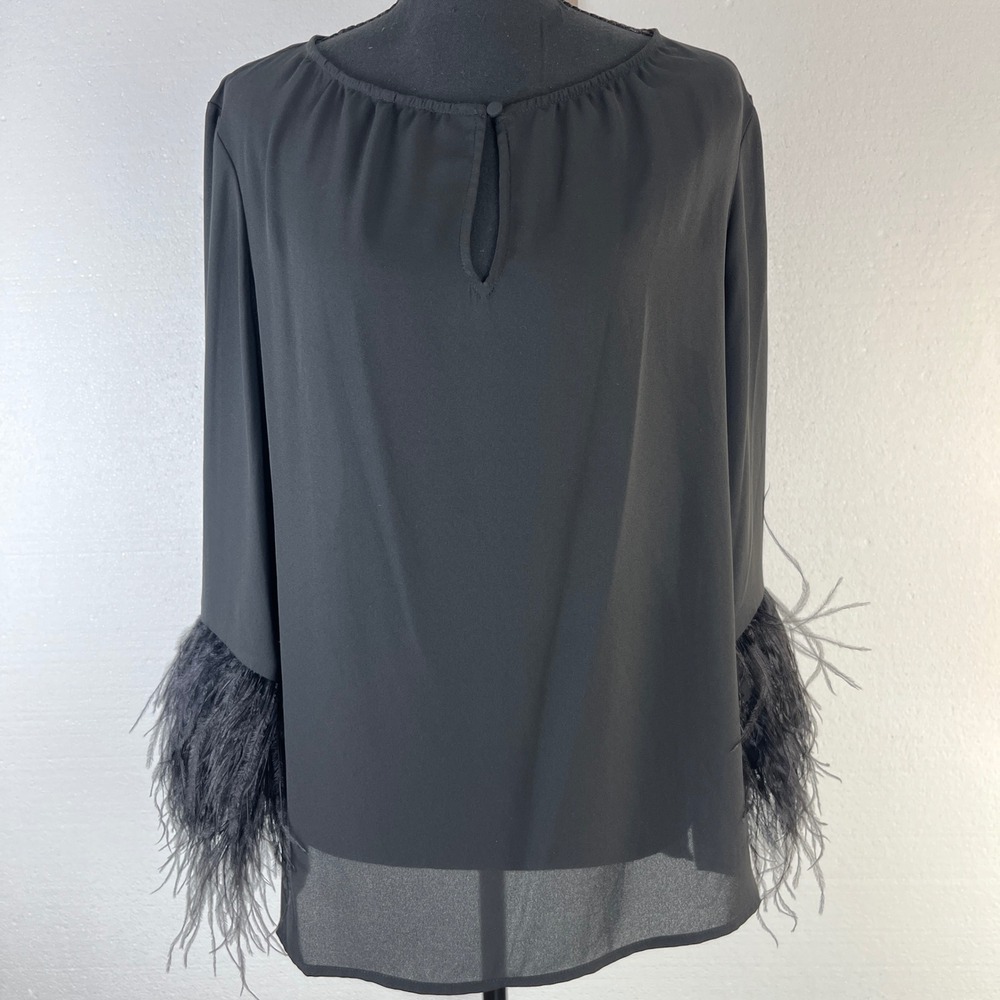 Vince Camuto Black Feather Trim Bell Sleeve Sheer Blouse Size Medium Whimsigoth - Picture 3 of 9